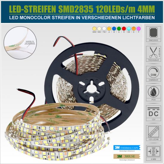 4MM - LED Streifen SMD2835 (120LEDs/m) - verschiedene Lichtfarben/Farbtemperaturen