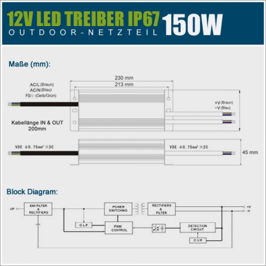 12V IP67 LED Netzteil - 150 Watt