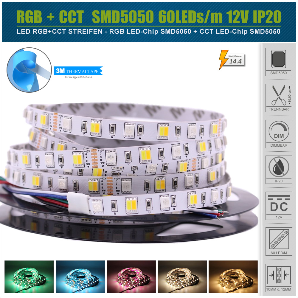  RGB+CCT 12V LED Streifen SMD5050 60 LED/m - IP20/IP65